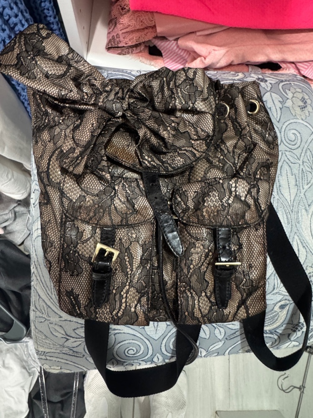 Valentino Black Lace-Overlay Drawstring Backpack with Gold Hardware